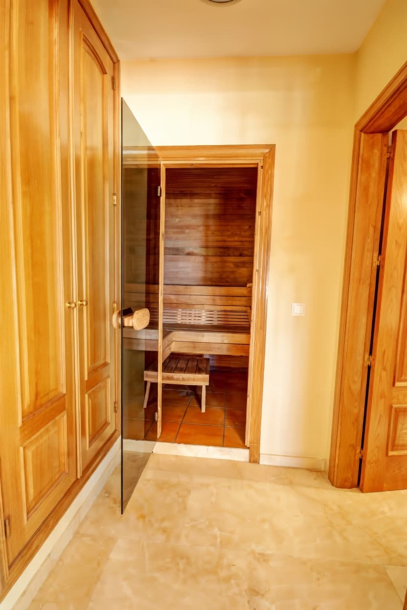 Sauna de madera con bancos vista a través de una puerta de cristal abierta.